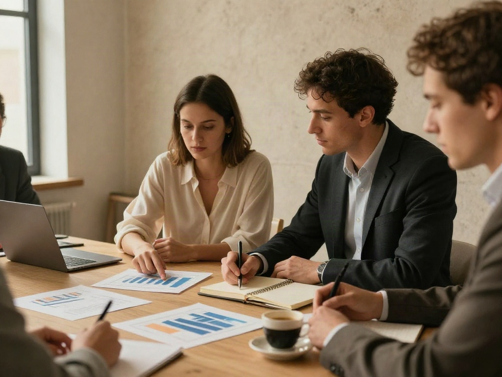 Consultants collaborating on performance charts and strategic priorities during a business review