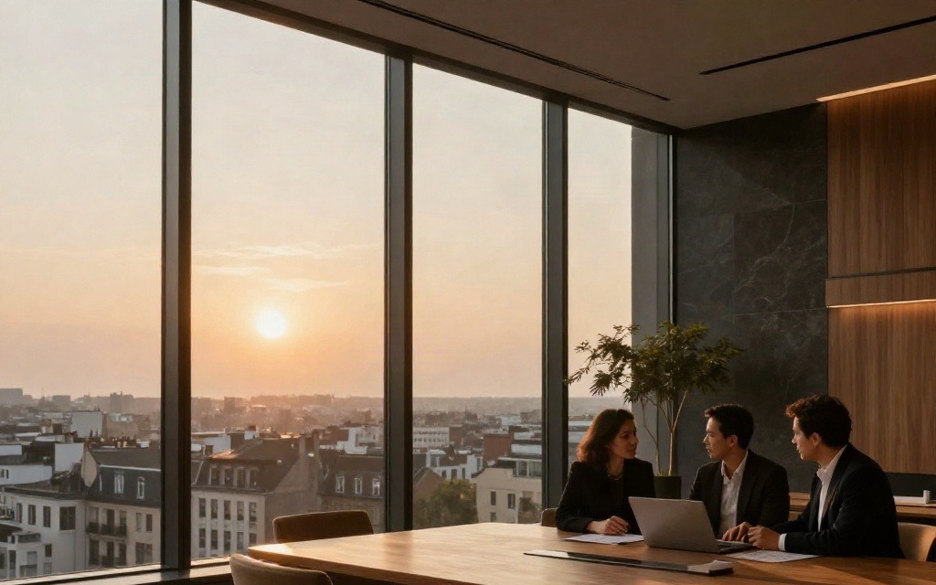A sunlit executive boardroom where business strategists discuss their next direction